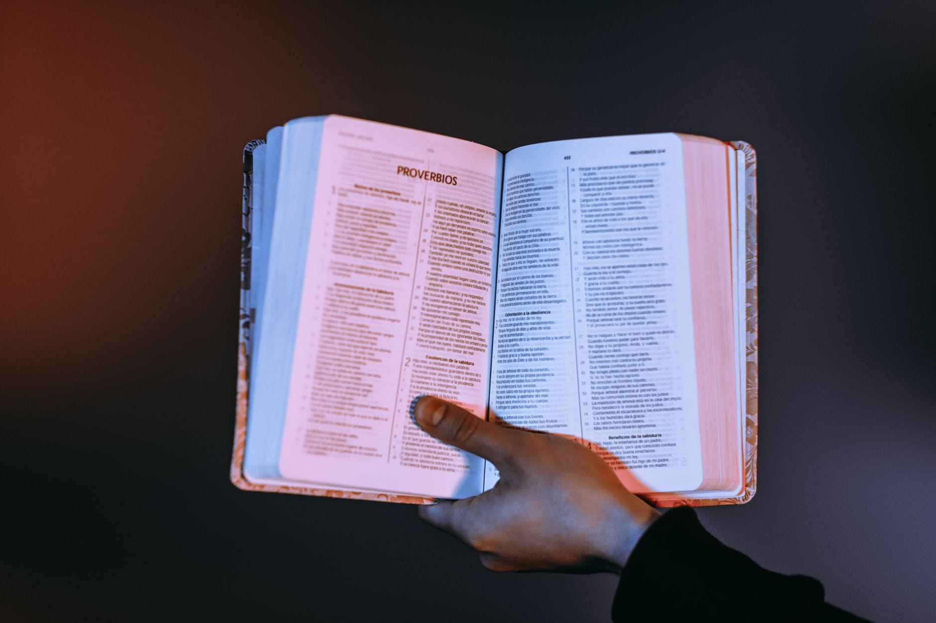 Osoba trzyma otwartą Biblię z podkreślonymi Przysłowiami w ciepłym świetle